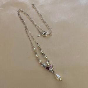 Vintage Dainty Avon SAQ Necklace Silver pink pearl necklace with roses crystals